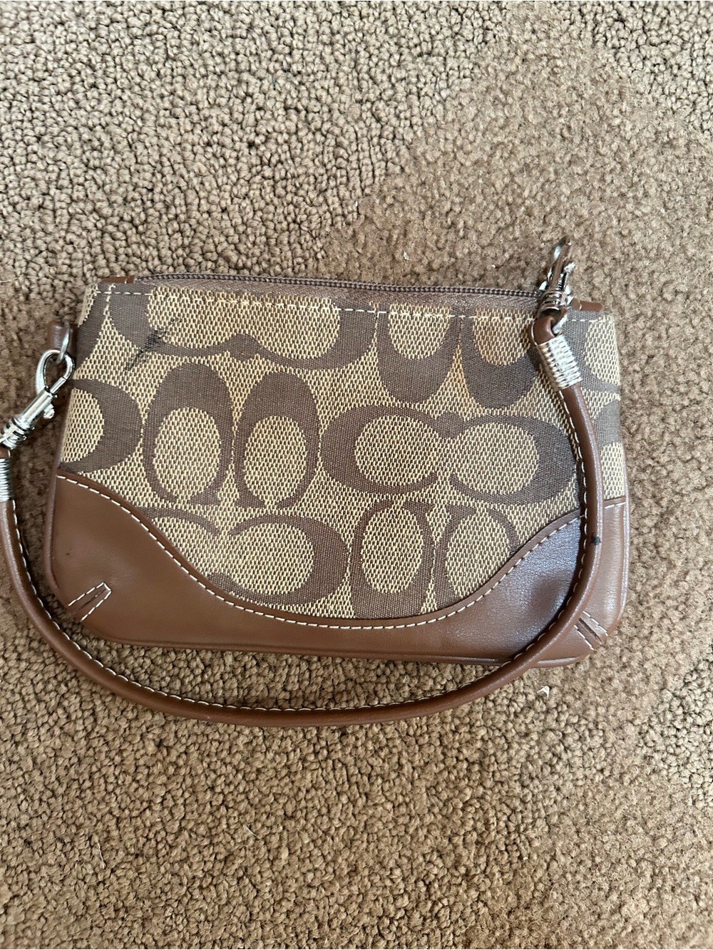 Coach Brown Signature Canvas Wristlet with Leather Trim